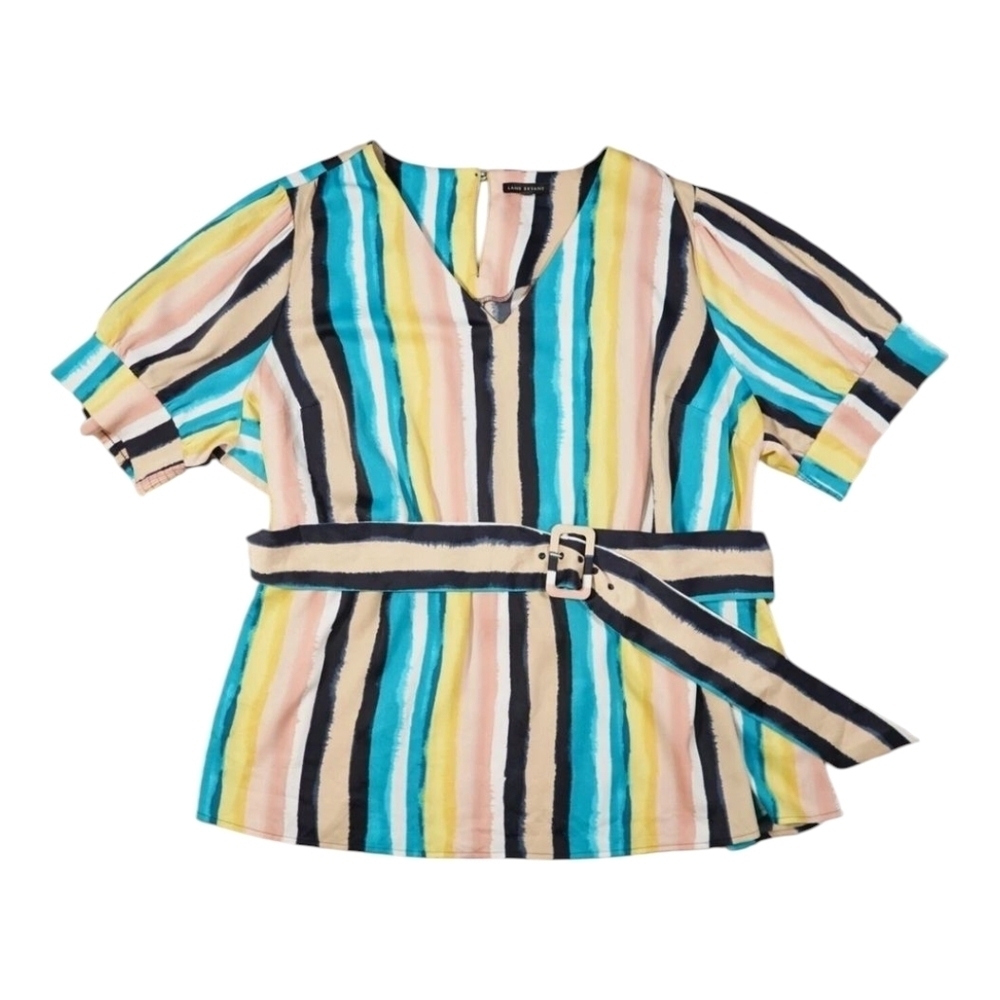 Lane Bryant Womens Multicolor V Neck Blouse Stripe Belted